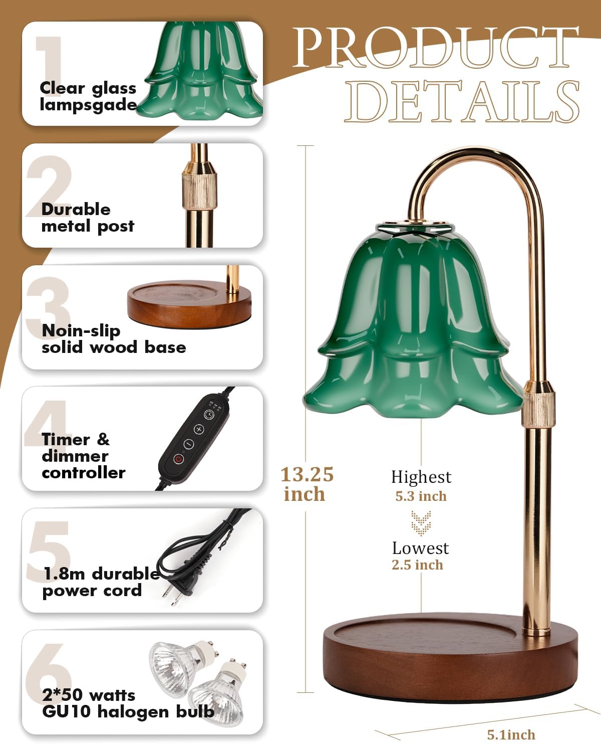 Green Candle Warmer Lamp with Timer & Dimmer, Adjustable Height Christmas Gifts Birthday Gifts for Women Mom, Flower Candle Lamp Warmer, Wax Warmer with 2 Bulbs, House Warming New House Decorations