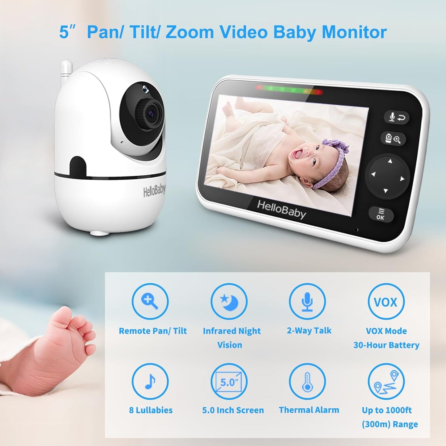 HelloBaby Baby Monitor No WiFi with Mount, 5'' Screen and 30-Hour Battery Life with VOX Mode, Baby Monitor with Camera and Audio, Portable Travel Hello Baby Monitor with Flexible Mount