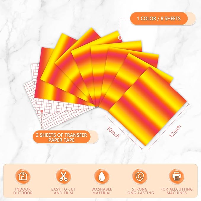 Tintnut Sunset Gradient Permanent Vinyl 8 Sheets 12x10in Adhesive Vinyl | Ombre