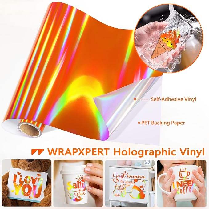 WRAPXPERT Holographic Vinyl Roll Orange, Holographic Permanent Vinyl Orange