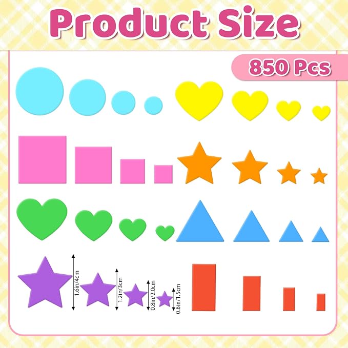850Pcs Foam Stickers Foam Shape Stickers Heart Star Square Geometric Sticker