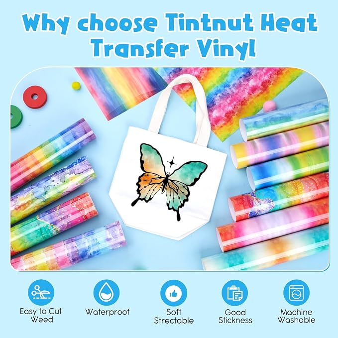 Tintnut Rainbow Gradient Heat Transfer Vinyl, PU HTV Sheets, stretch washable