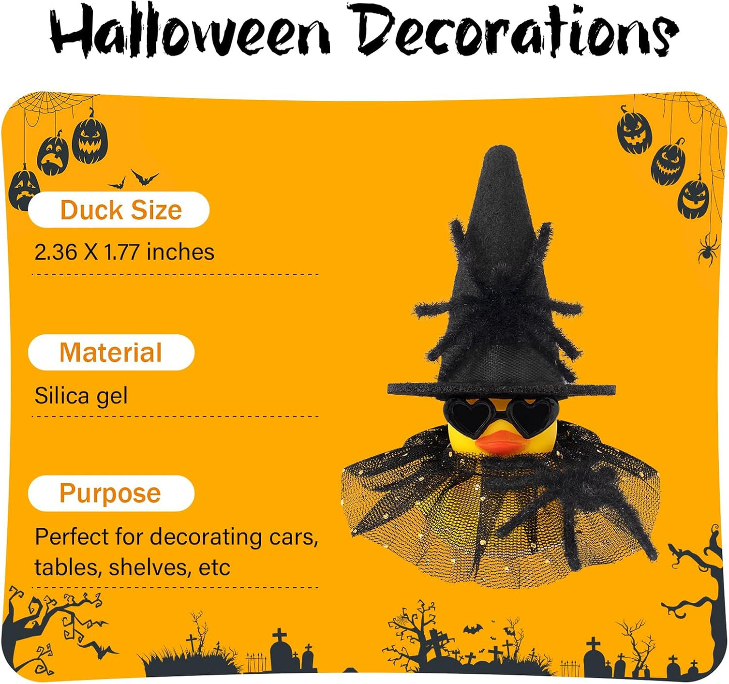 wonuu Car Dashboard Spider Witch Rubber Ducks for Halloween, Decorations Duck for Office Desk Ornament Accessories with Hat Glasses Skirt, for Halloween Party Gifts (Gold Point Skirt Black)