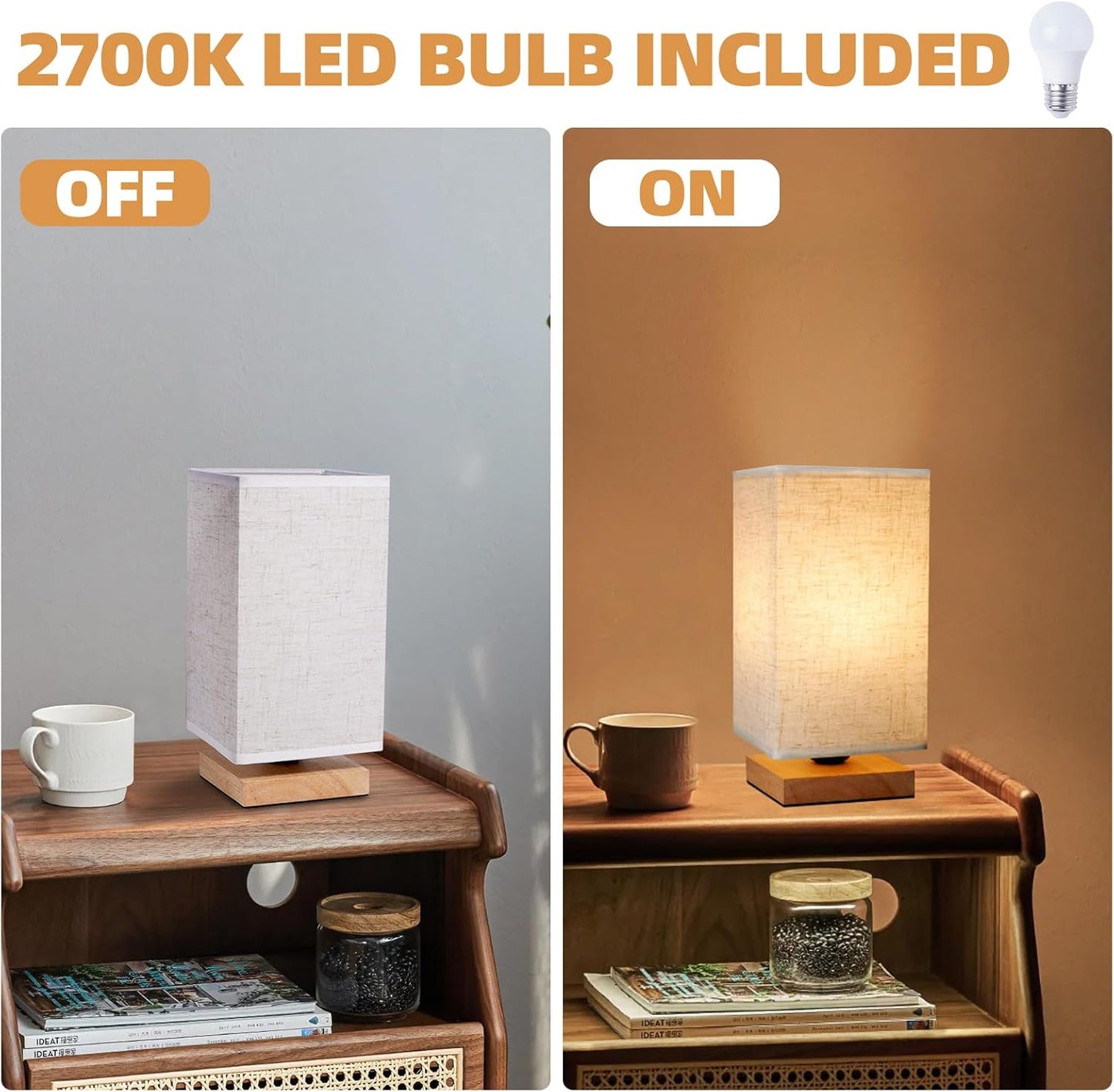 Small Square Bedside Table Lamp for Bedroom, Minimalist Wood Base & Round Fabric Shade, Mini Cute Cozy Warm Nightstand Boho Lamp, Study Desk Night Stand Light for Room, Dorm, Nursery, Living Room