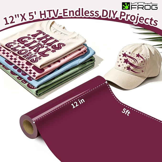 VINYL FROG Burgundy Heat Transfer Vinyl Roll 12" x5ft Matte HTV Vinyl | Maroon