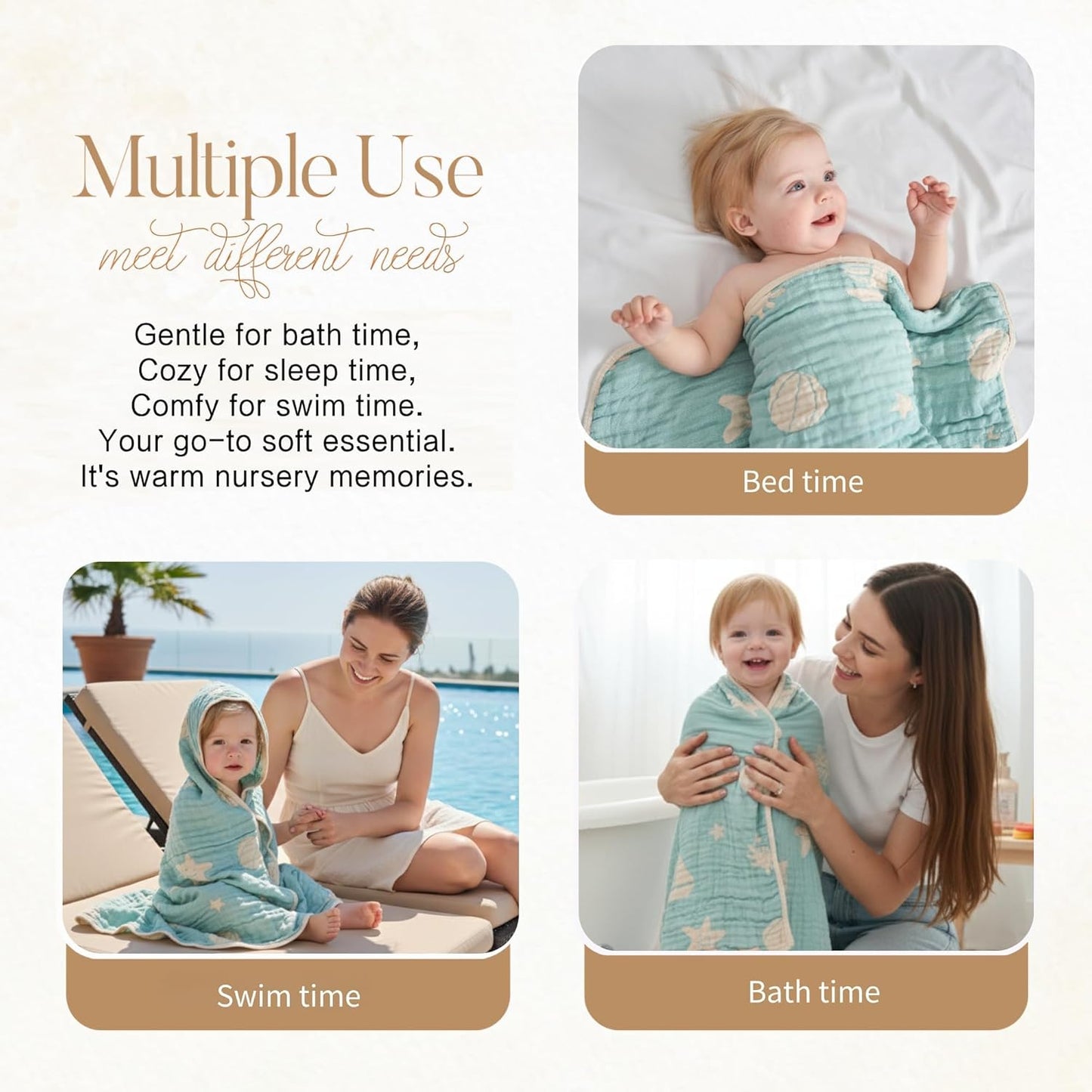 Ultra-Soft Muslin Baby Hooded Towel - 32 x 32 Inches, Ideal for Bath & Beach, Suitable for Both Boys & Girls from Newborns to Toddlers