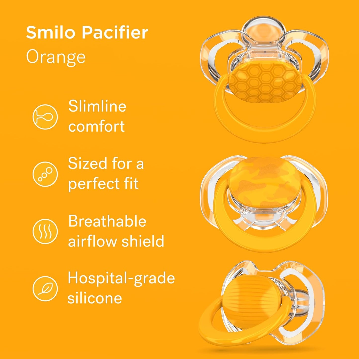 Smilo Baby Pacifier with Orthodontic Design for Healthy Dental Development - Stage 3 for Babies 9+ Months - Pack of 3X 100% Silicone Pacifiers BPA Free - Orange