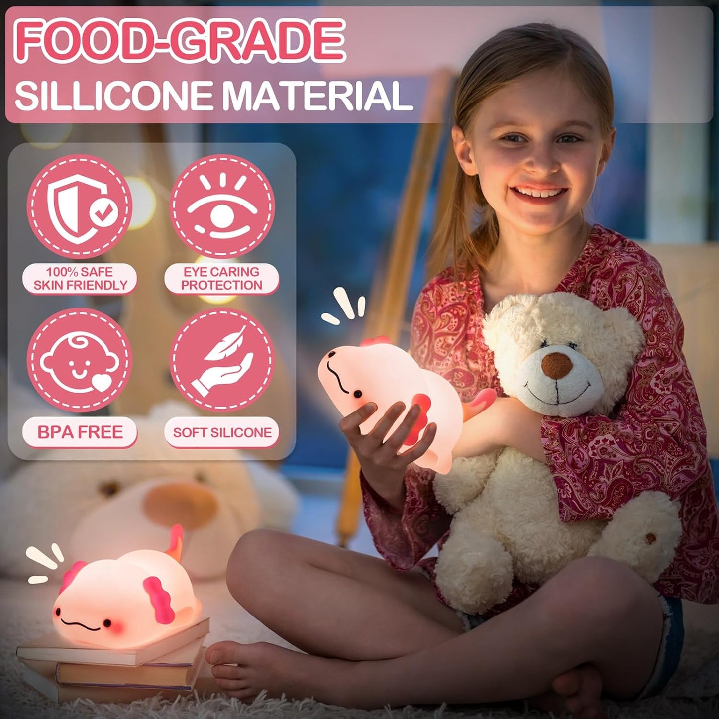 Axolotl Night Light for Kids, Rechargeable Cute Squishy lamp - Silicone Adorable Christmas Axolotl Gifts for Kids - Nightlight Nursery Animal Touch Light - Bedroom Decor for Boy, Girls