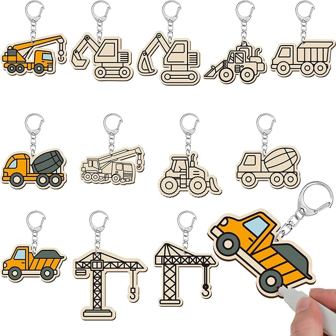 RattanView 24 Pcs Construction Vehicle Craft Color Your Own Keychains Diy Craft
