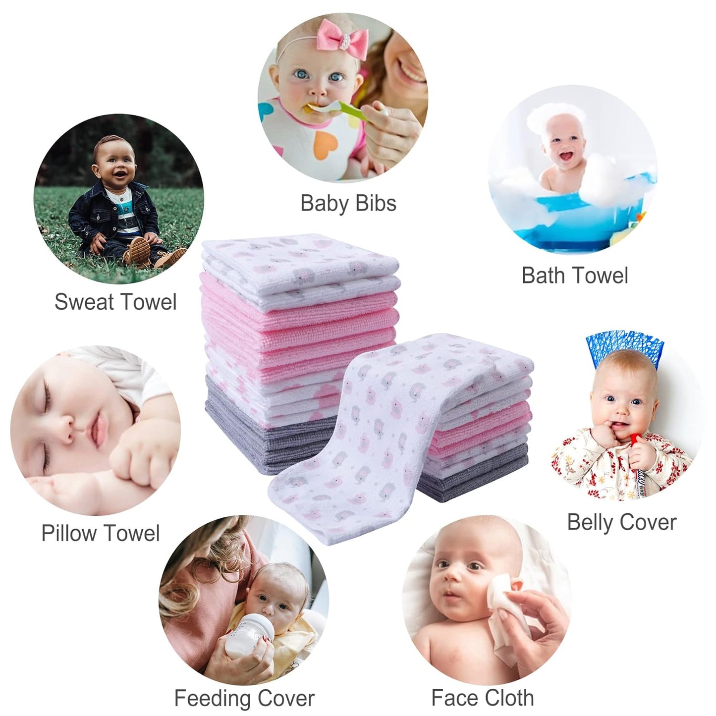 softan Baby Washcloths, 24Pack Baby Wash Cloths Extra Soft & Ultra Absorbent, Baby Towels and Washcloths Face Towel Unisex for Boys Girls Body, Washclothes Gentle on Sensitive Skin, 9x9 Pink Elephant