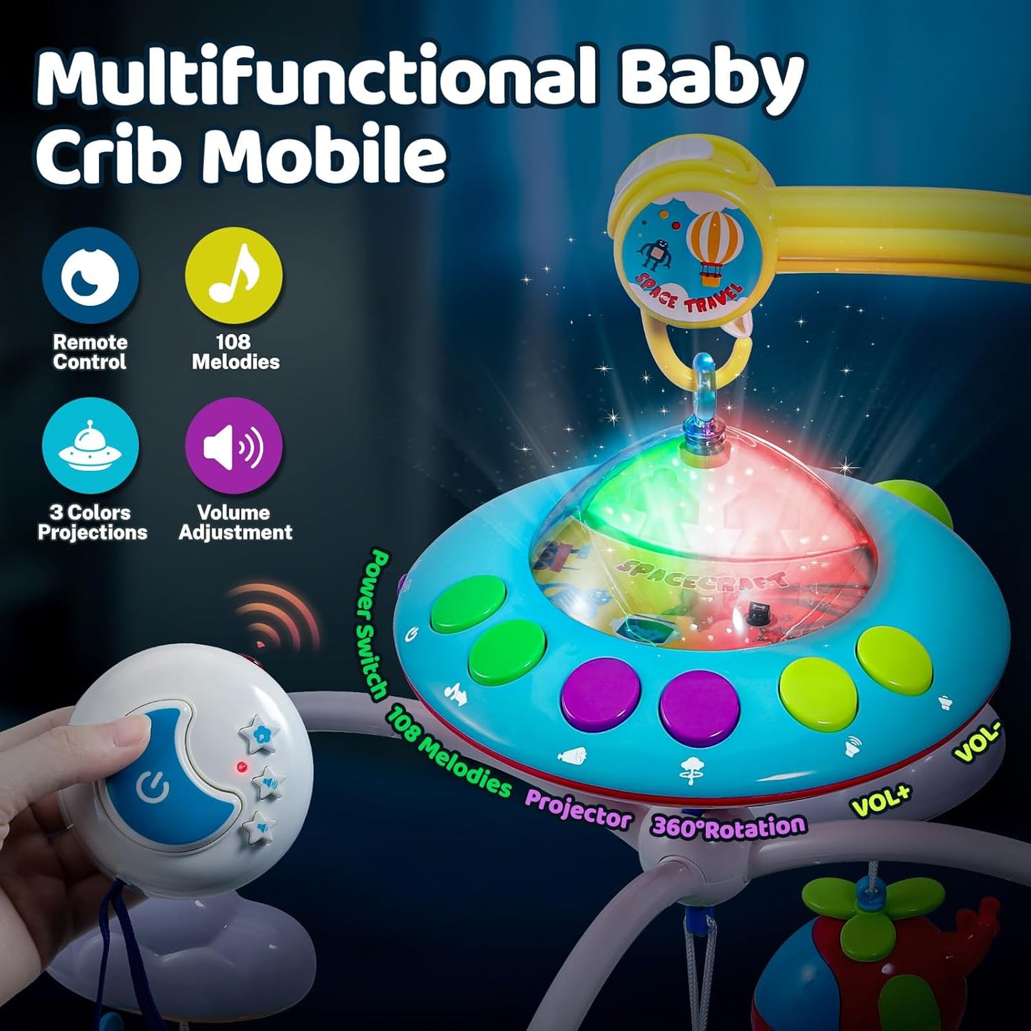BOBXIN Baby Mobile for Crib, Crib Mobile with Projector and 108 Melodies Music, Crib Toys with Remote Control and Hanging Rattles Rotating,Toy for Newborn and Baby Boy Girl Sleep
