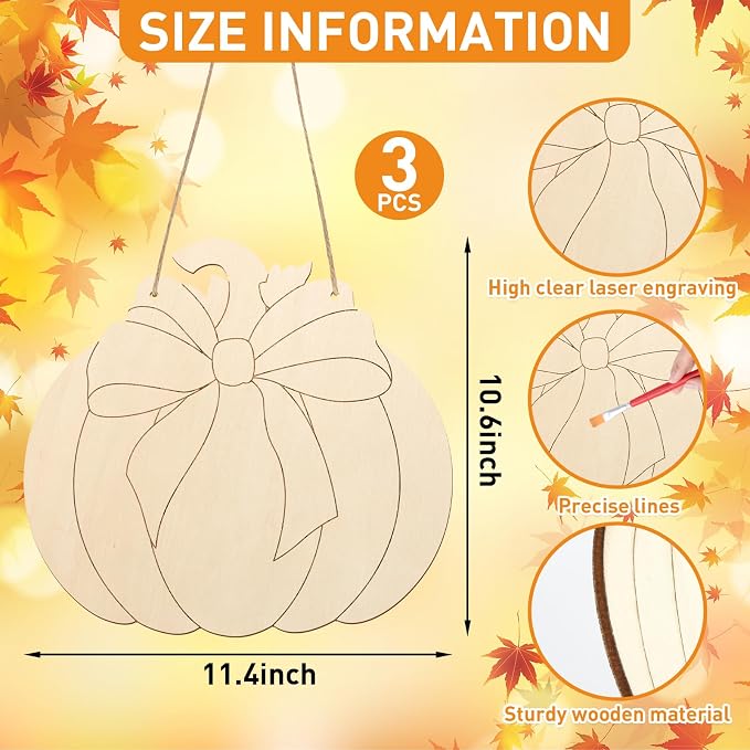 Unfinished Fall Wreaths Wood Crafts to Paint Set of 3, Unfinished Wood Cutouts