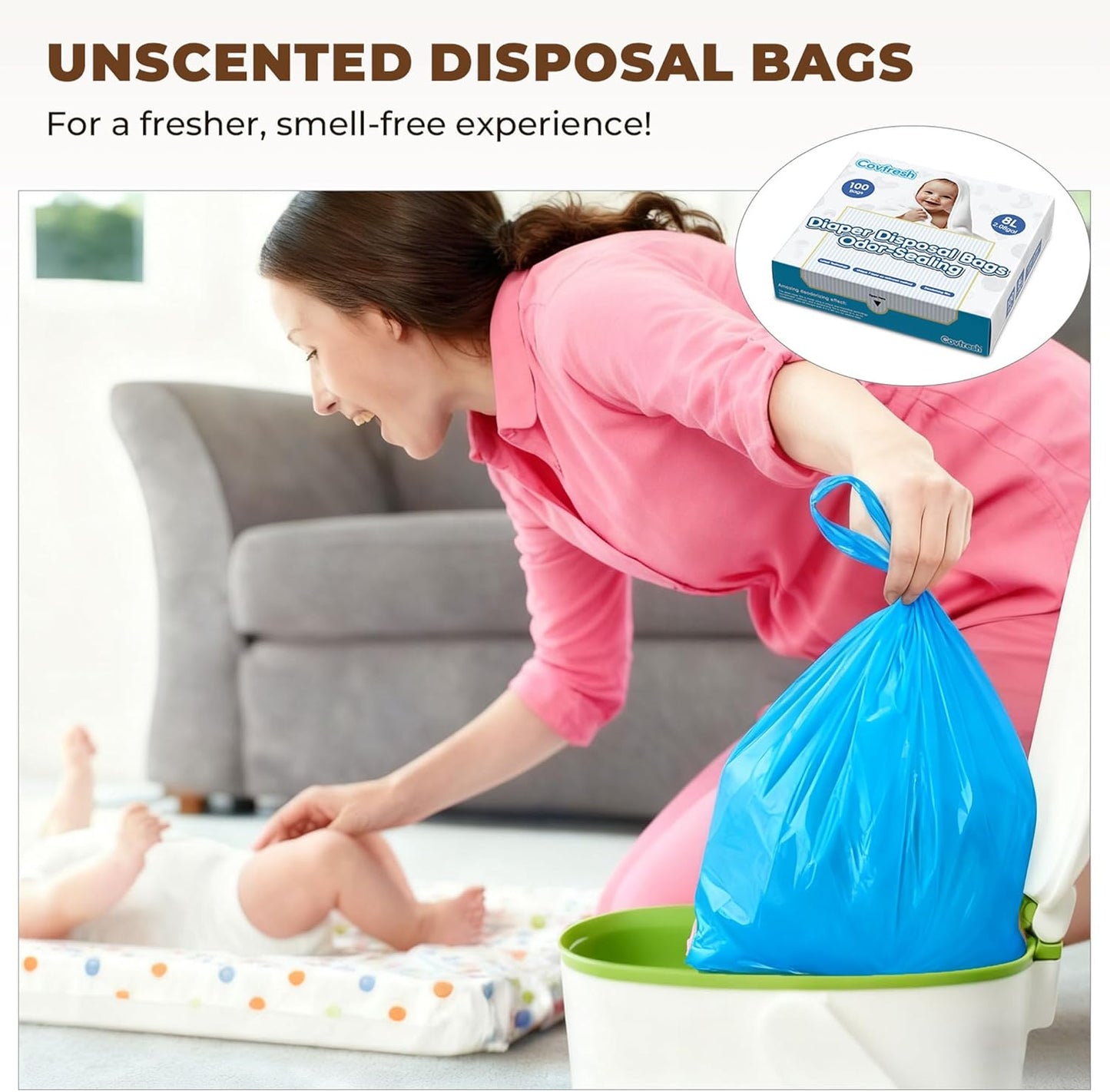 Odor Sealing Disposable Diaper Bags with Tie Handle, 100 count, Large Capacity, Unscented & Durable Diaper Trash Bags for Home & Baby Travel Use (Color:Blue)