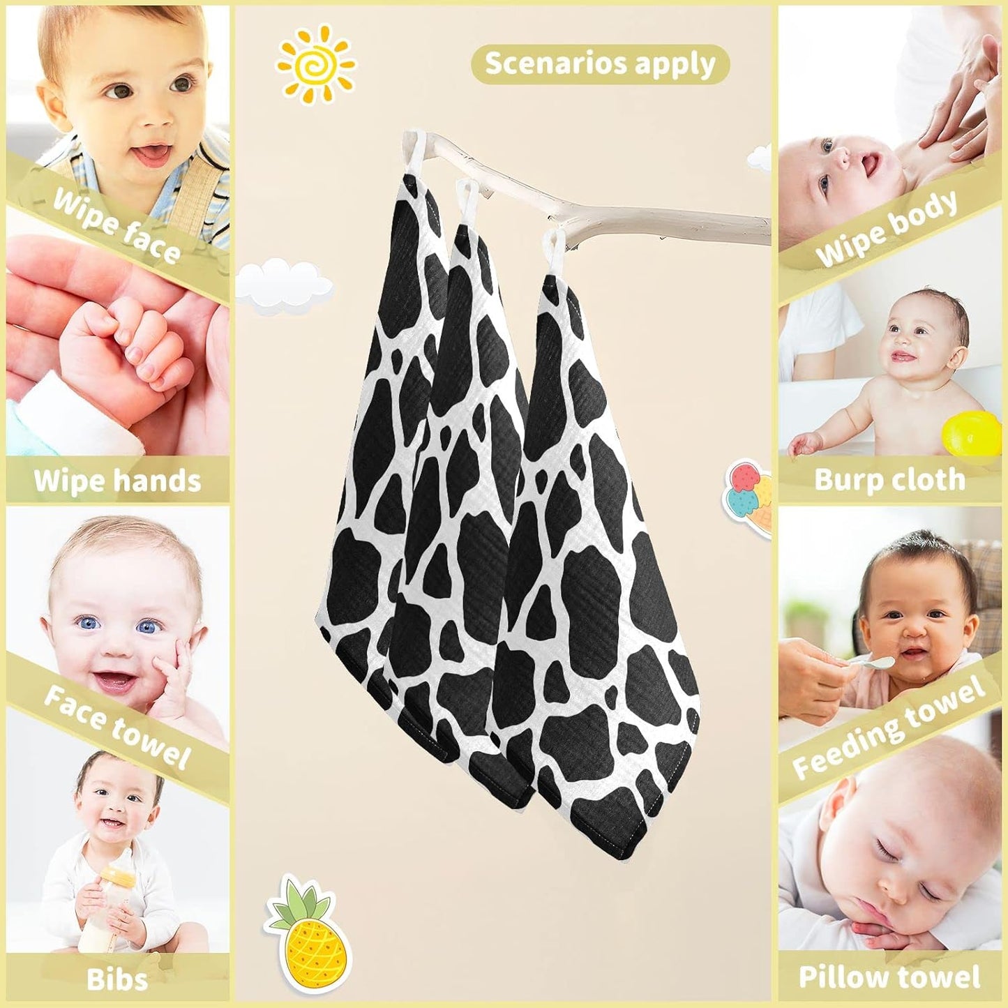 Black White Cow Print Baby Muslin Washcloths Cow Skin Burp Cloths Soft Absorbent Baby Wash Cloth Fingertip Face Towels for Newborn Boys Girls 12 x 12 in, 3 Pack