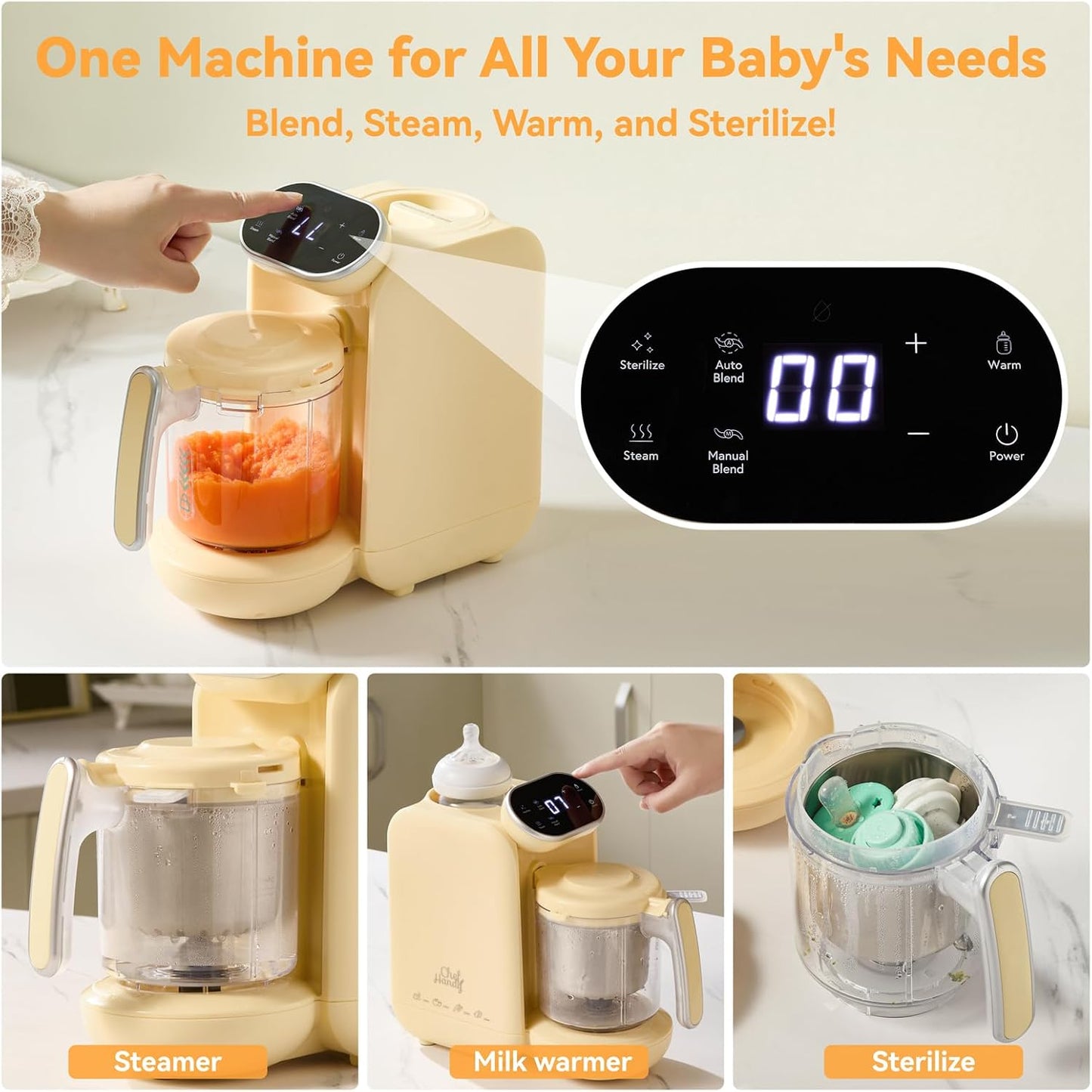 Chefhandy Baby Food Maker, Steamer & Blender with Stainless Steel Basket, Puree Maker with Auto/Manual Blend, Bottle Warmer & Sterili-zer, Safe & Easy-to-Clean Compact Baby Food Processor (Yellow)