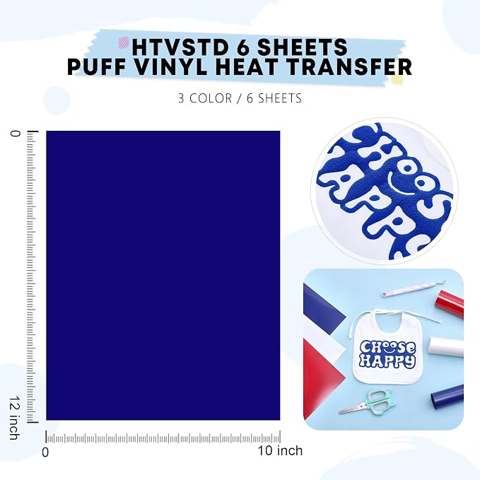 HTVSTD Red Blue White Puff HTV Heat Transfer Vinyl 6pcs 12×10in | Vivid Color
