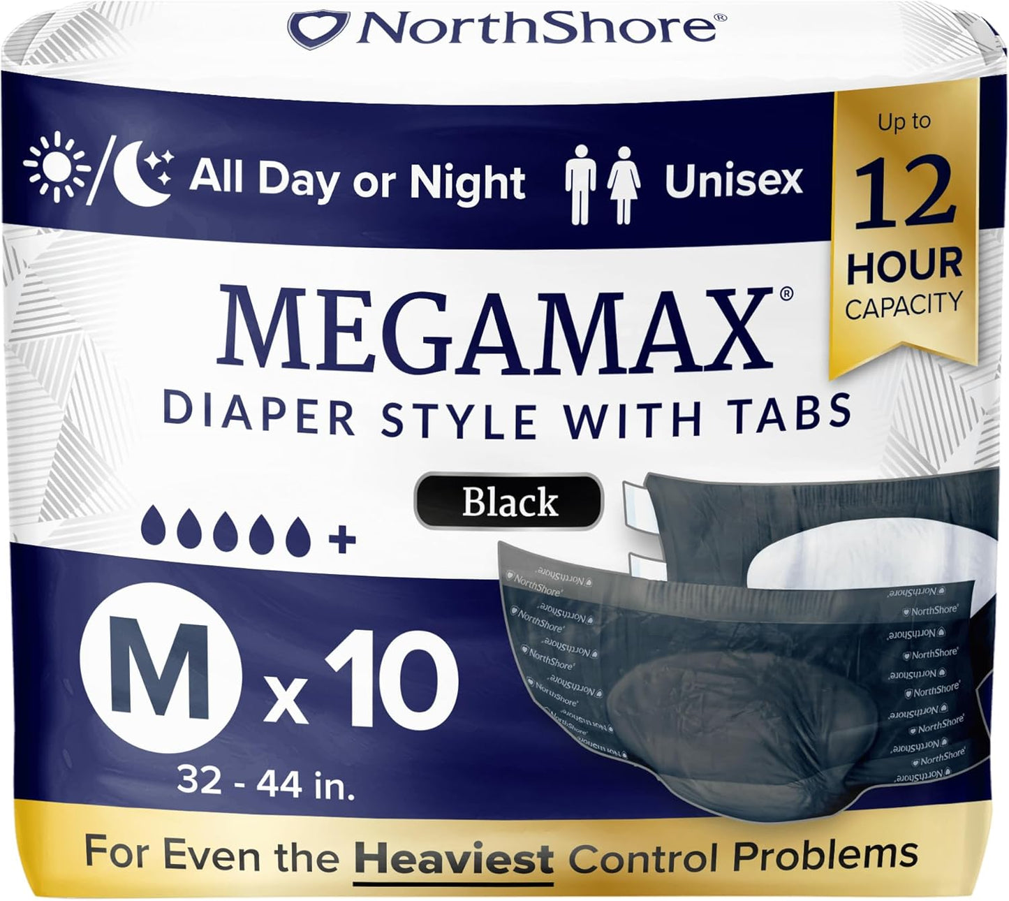 NorthShore MegaMax Adult Overnight Diapers, 12-Hour Tab-Style, Medium, 10 Count Bag, Black, 32-44 inches, Unisex Incontinence Underwear