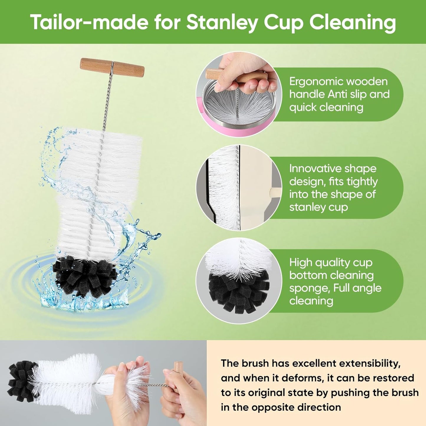 3 PCS Bottle Clean Brush Set, Long Wooden Handle Bottle Cleaner Brush for Stanley Cup Tumblers, 3 in1 Cup Lid Cleaning Brush, Long Straw Brush,Water Bottle Clean Brush Kit for Bottle Cups Coffee Mugs