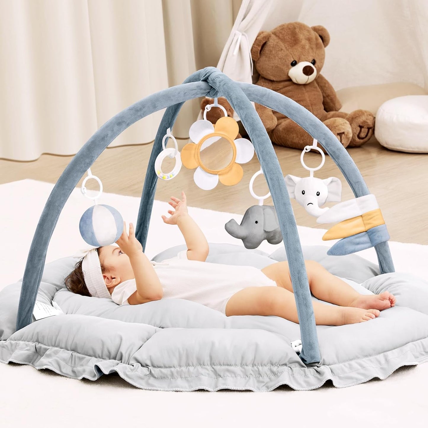 ANGELBLISS 5 in 1 Baby Play Gym Mat, Reversible Tummy Time Mat with 5 Sensory Toys for Stage-Based Developmental, Thick & Large Baby Activity Center from Newborn to Toddler (Dark Blue)