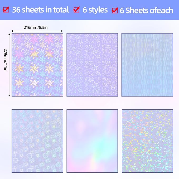 36 Sheets Holographic Laminate Sheets 8.5x11 Inch Self Adhesive 6 Patterns |
