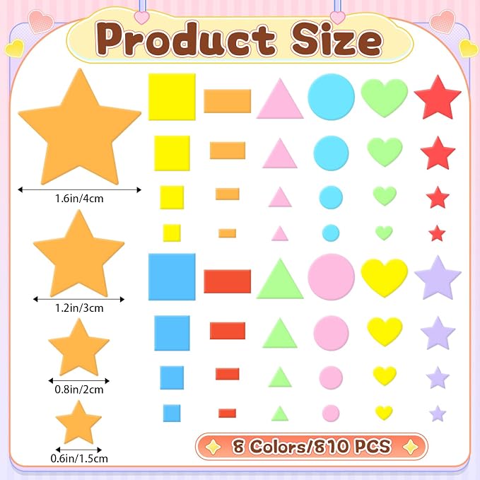 810Pcs Foam Stickers Foam Shape Stickers Colorful Self Adhesive, 8 Colors Heart