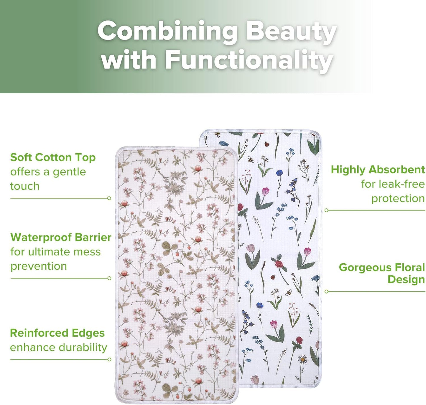 haakaa Waterproof Changing Pad Liners, 100% Cotton, Soft & Breathable (2pcs, 13" x 27.5" Honey Blossom+Vintage Garden)