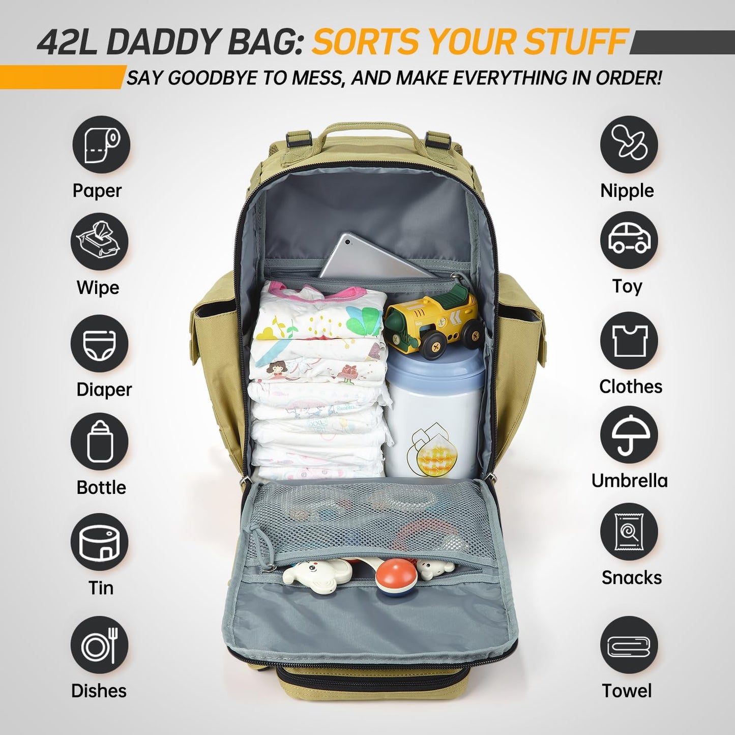 SHARKMOUTH Military Diaper Bag for Baby - Large Baby Backpack with Changing Pad for Boy Girl - Army Dad Diaper Bag for Hiking Travel Camping Trips Tan