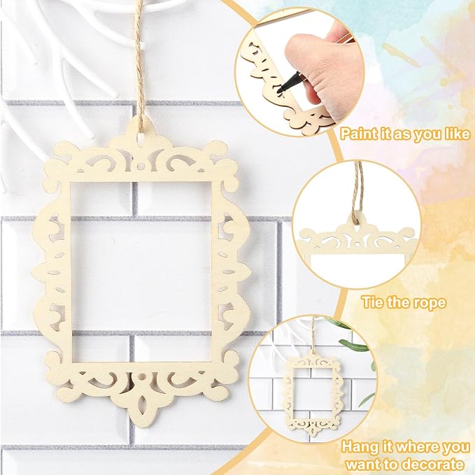12 pcs 6 Styles Hollow Theme Undyed Wooden Photo Frames Laser Cut Oval Square