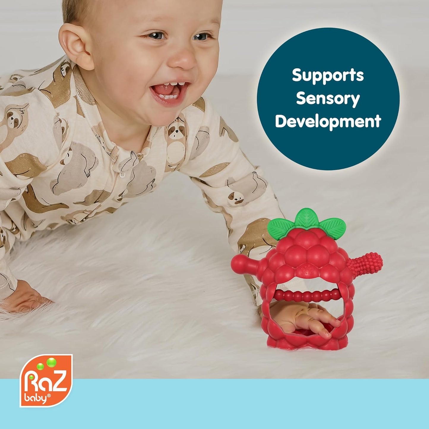 RaZbaby RaZberry Grip Silicone Teether Toy for 3M+ | Drop Resistant Hand Held Teether for Babies and Infants - Designed by Nature with Our Patented BerryBumps Multitextured Design | 3M+, Blue