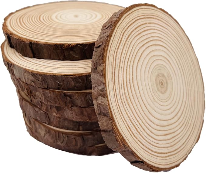 Unfinished Natural with Tree Bark Wood Slices 9 Pcs 5.1-5.5inch Disc Coasters