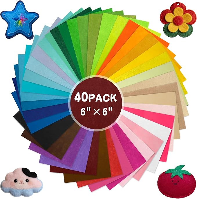 40 Pcs Felt Fabric Sheets 6 x 6 Inches Assorted Colors Felt Sheets