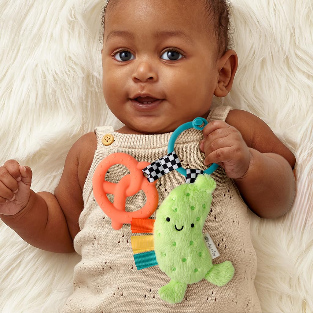Itzy Ritzy Infant Toy & Teether - Itzy Pal Baby Teething Toy Includes Lovey, Crinkle Sound, Textured Ribbons & Silicone Teether for Newborn (Pickle)