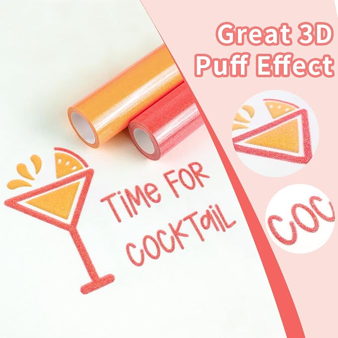 Glitter Puff Vinyl Heat Transfer, Neon Red Puff HTV Iron on Vinyl 12" x5ft | 3D