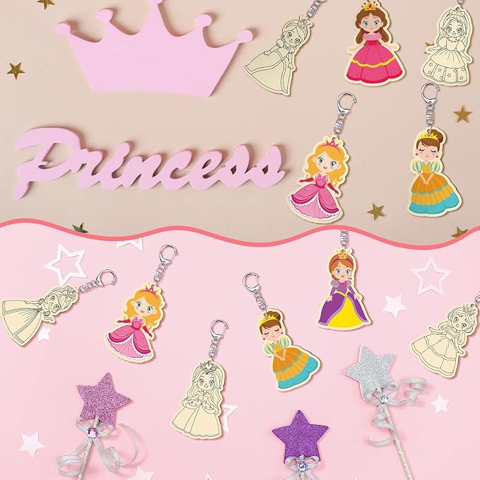RattanView 24 Pcs Princess Craft Color Your Own Keychains DIY Craft Wooden