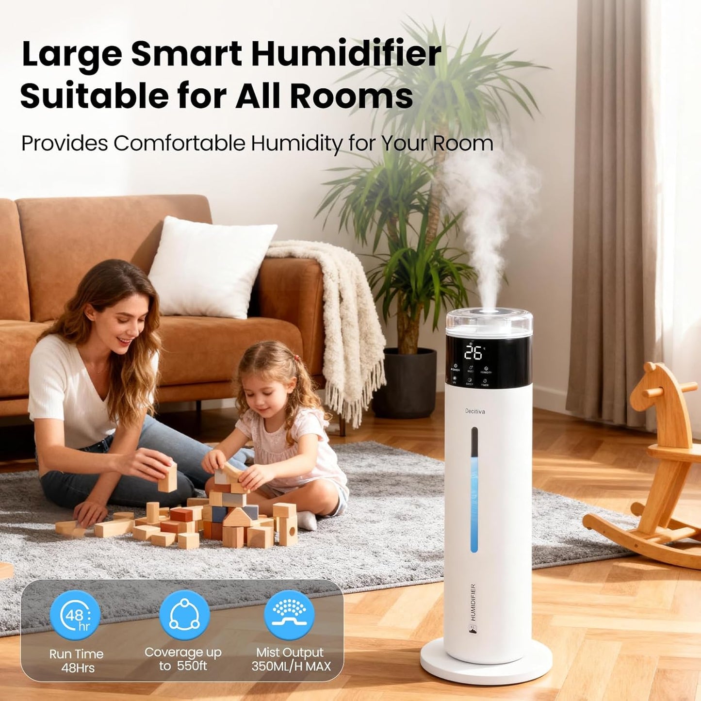 Large Humidifier for Bedroom, 8L/2.1Gal Ultrasonic Cool Mist, Remote control,Easy Clean with 350ML/H Large Mist Speed, Suitable for Kids Room Plant Yoga Study Room Office