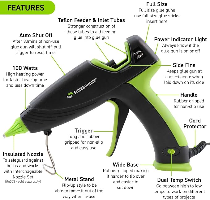 Surebonder Hot Glue Gun and Glue Sticks, Full Size 100W Dual Temperature Hot