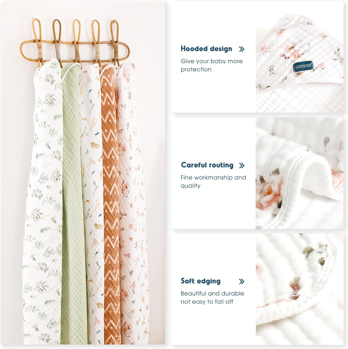 GRSSDER Ultra Soft Absorbent Muslin Cotton Baby Hooded Towel 2 Pack with Original Patterns, Extra Large Size 35"x 35" Swaddle Wrap for Newborn Infant and Toddler