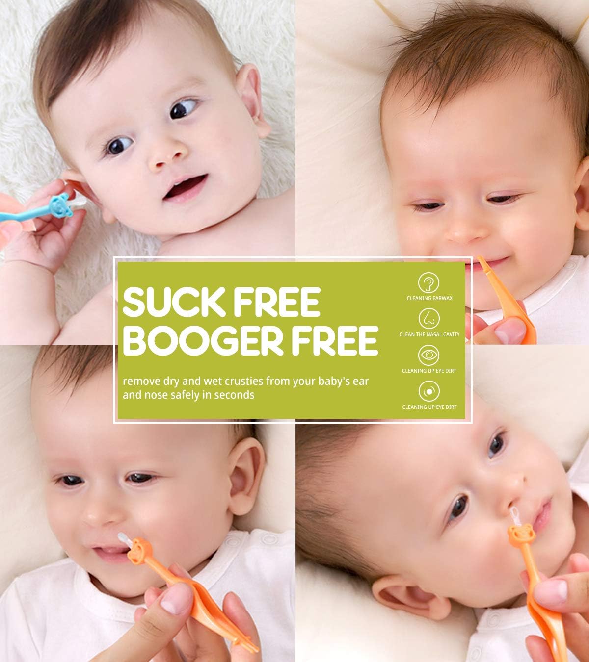 Two Pack 3 in 1 Baby Nose and Ear Gadget, Safe Baby Nose and Ear Cleaner, Nose Cleaning Tweezers for Infants and Toddlers