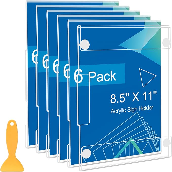 6 Pack Acrylic Sign Holder 8.5 x 11 Wall Mount, Vertical & Horizontal Use