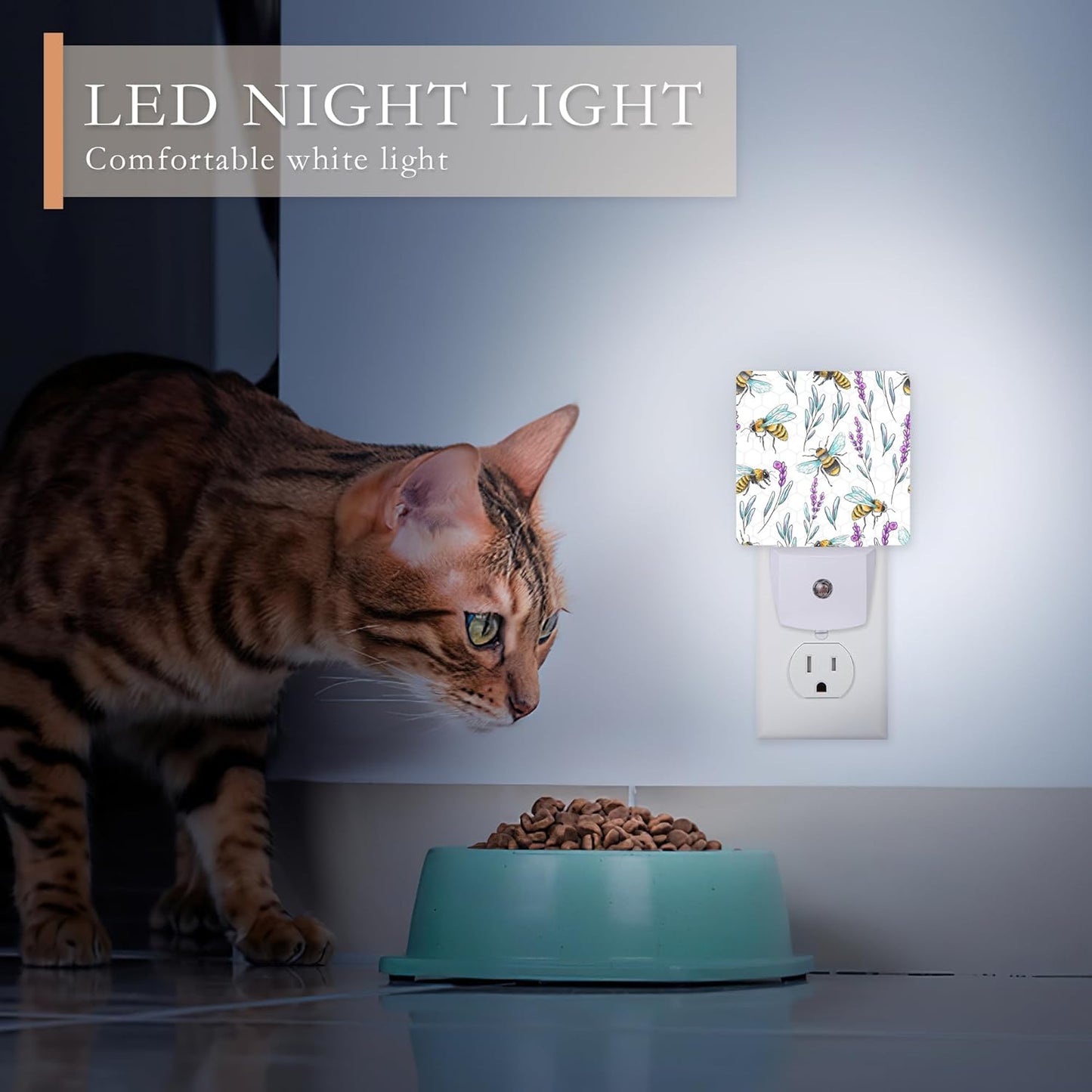 Night Light With Bees and Lavender Flowers - Dusk to Dawn Sensor for Kids, Girls, Boys, Women, Men - Room Decor for Hallway, Kitchen, Bathroom, Nursery, Stairs