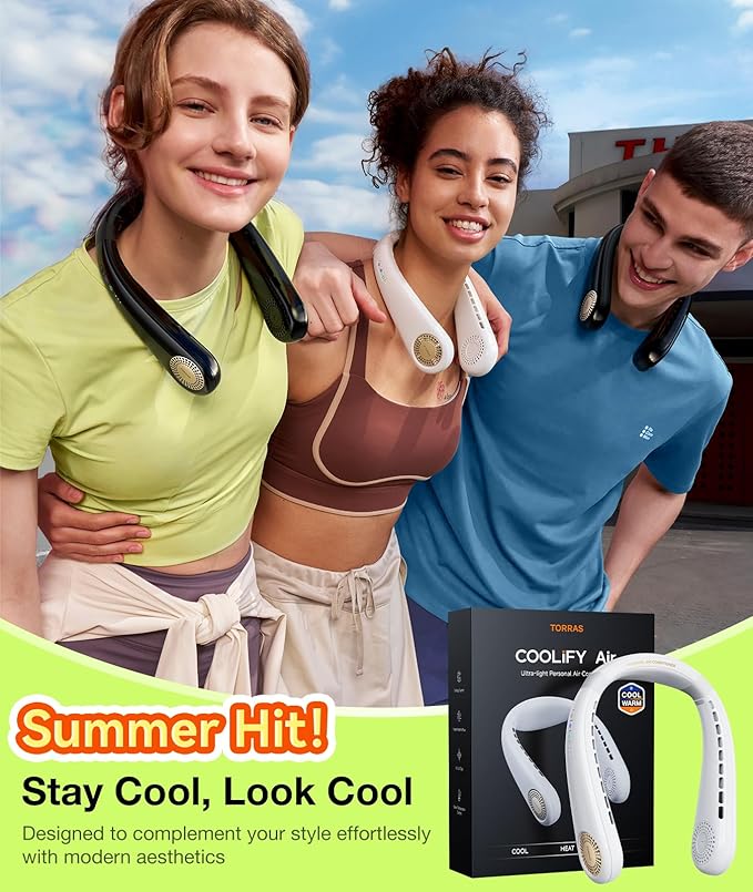 TORRAS COOLiFY Air Neck Fan Air Conditioner, 3D Airflow, Light Portable Fan Rechargeable, Personal Cooling Fan Travel Essentials, Work, Travel, Camping, Onyx Black