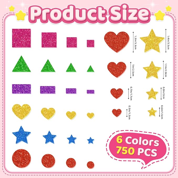 750Pcs Foam Stickers, Colorful Foam Shape Stickers Self Adhesive Star Heart
