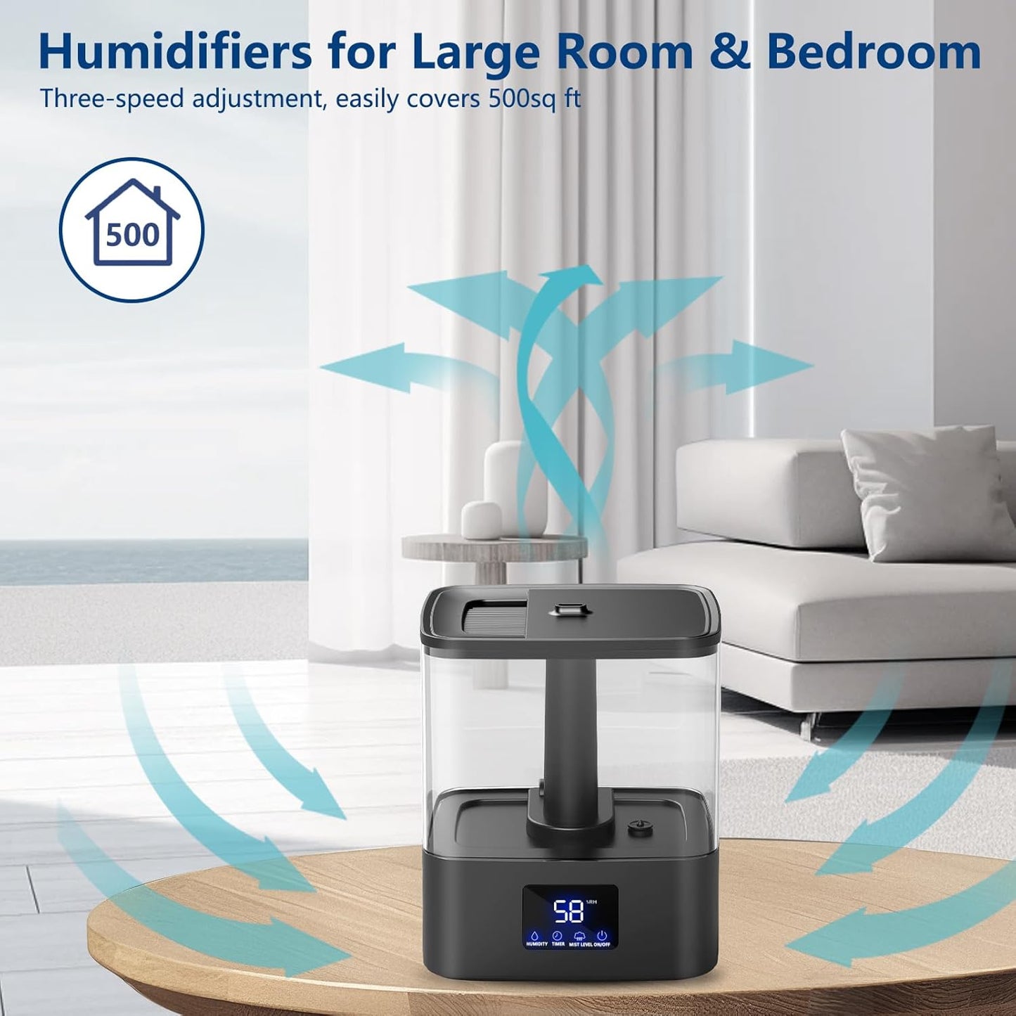 KZF 6L Top Fill Humidifiers for Bedroom & 60H Runtime - Cool Mist Humidifier, 3 Mist Levels, 8H Timer, Essential Oil Tray, Humidity Display, Quiet for Bedroom, Baby, Plants, Large Room
