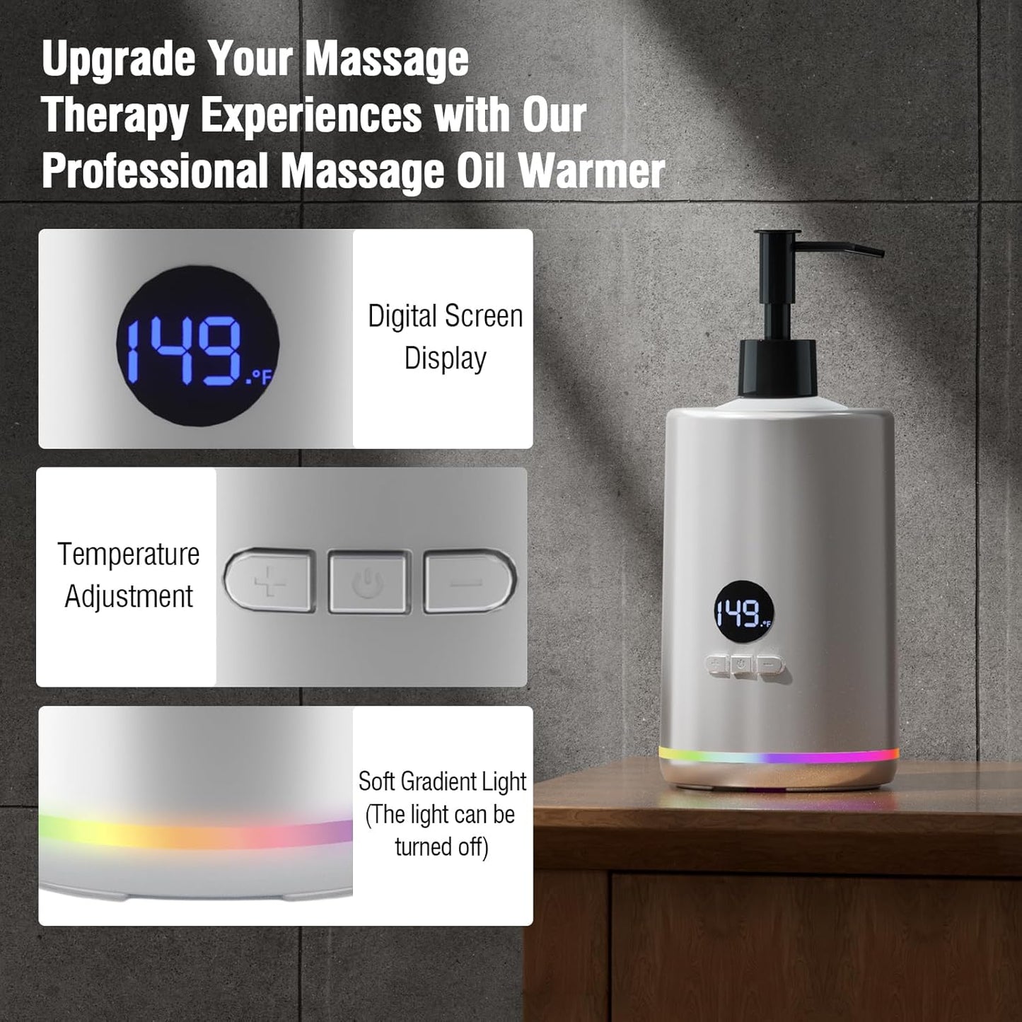 Massage Oil Lotion Warmer, Massage Oil Heater for SPA Massage Therapy and Personal Use, Portable Body Oil Warmer Dispenser with Two Massage Bottles, Adjustable Temperature(86-149°F), Silver