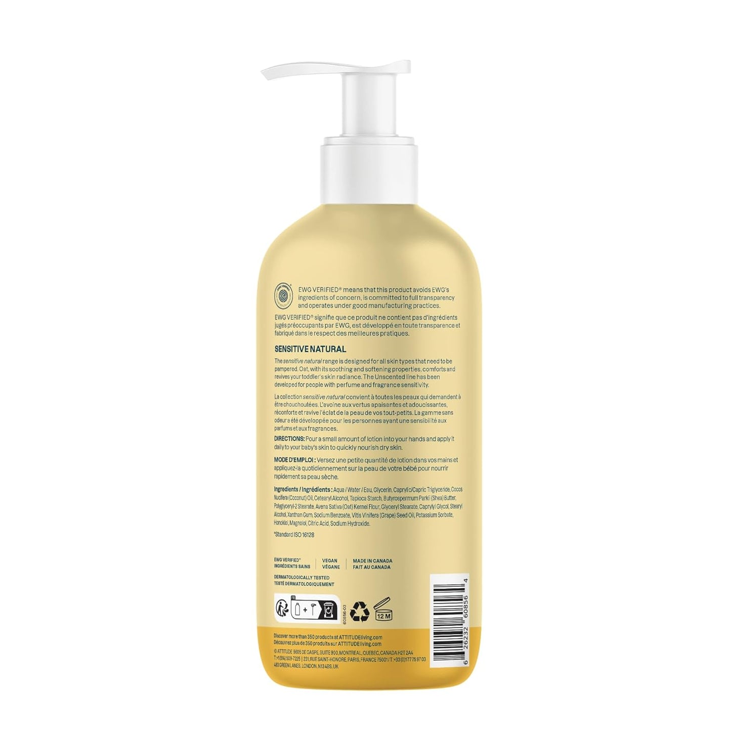 ATTITUDE Body Lotion for Baby, EWG Verified, Plant and Mineral-Based Ingredients, Vegan Personal Care Products, Sensitive Skin, Unscented, 16 Fl Oz