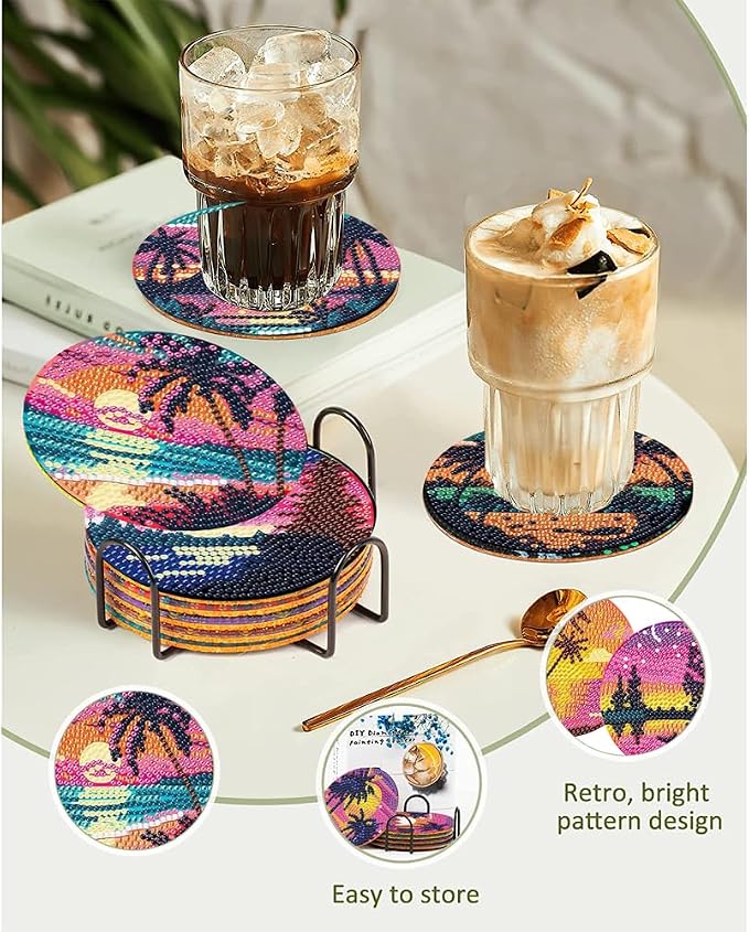 Clendo 8Pcs Diamond Painting Coasters Kits, DIY Landscape Diamond Art Coaster