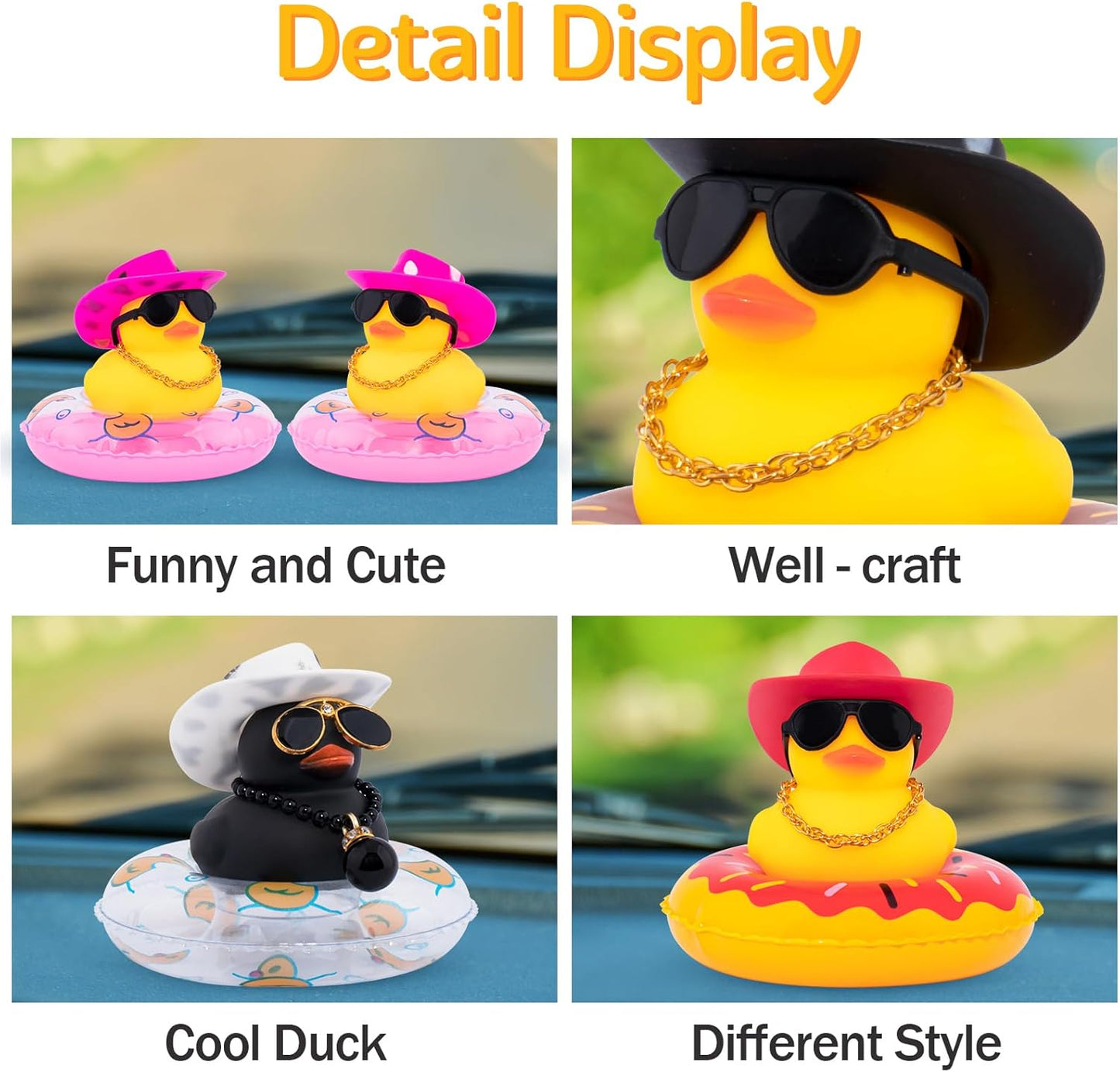 wonuu Car Rubber Duck, Yellow Duck Decoration Dashboard with Sun Hat Swim Ring Necklace Sunglasses for Car Dashboard Decorations, White Spots Pink Cowboy Hat-Pink