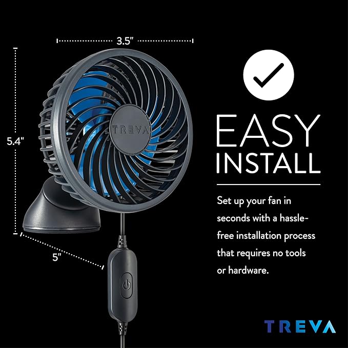 Treva 3.5 Inch USB Powered Fan with Suction Cup, 3 Speed Attachable Fan with Rotating Head for Car, Camping, Travel, Bedroom, Multi-Directional Rotating and Adjustable Head (Black)
