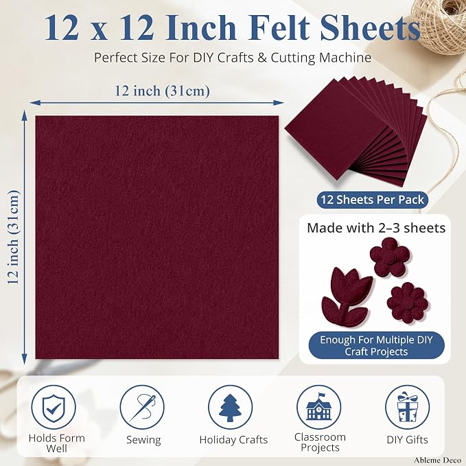 12" x 12" Felt Sheets for Crafts, 2mm Stiff Felt Fabric, Burgundy | 2mm Thick