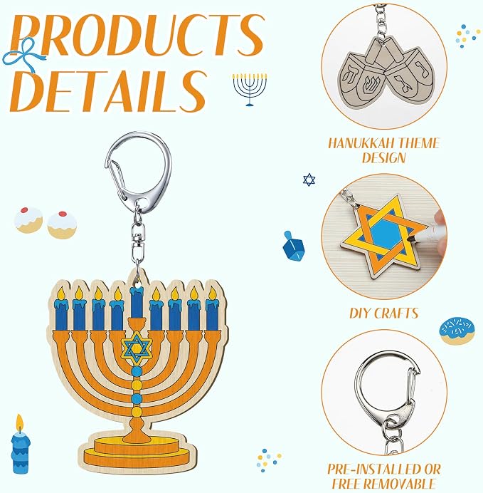 RattanView 24 Pcs Hanukkah Craft Color Your Own Keychains DIY Craft Wooden
